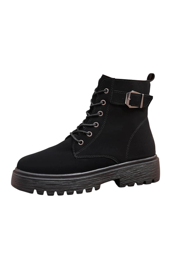 Womens Boots Hiking Motorcycle Black Ankle Lace up Faux Leather Chunky Buckle Boots Shoes Women 36