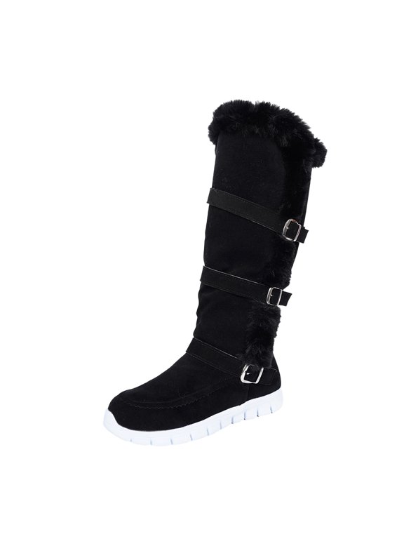 Womens Boots Mid-Calf Black Furry Winter Snow Non Slip Fleece Lined Buckles Boots Women Shoes 40