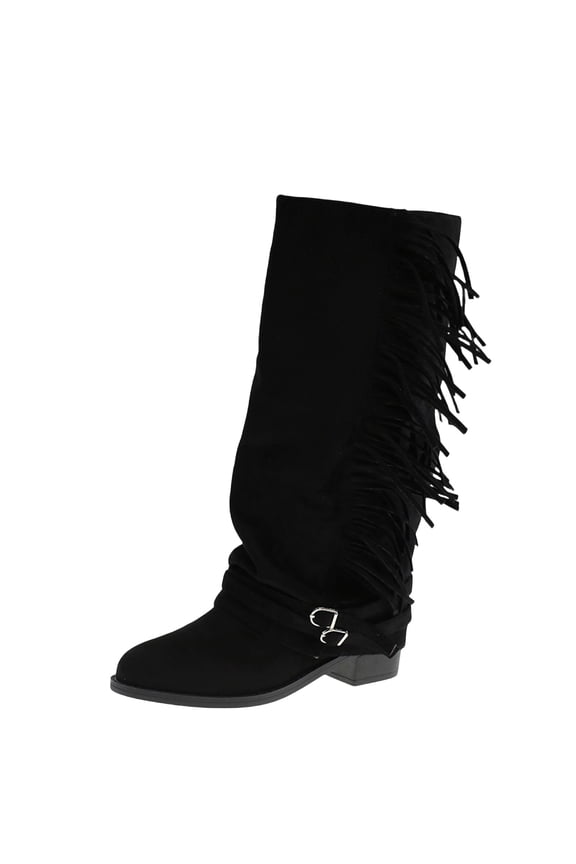 Womens Boots Mid-Calf Wide Calf Black Slouch Fringe Low Heel Buckle Boots Womans Shoes 38