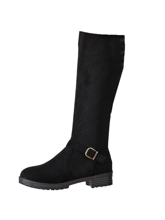 Womens Boots Wide Width Black Mid-Calf Comfort Buckle Low Heel Side Zipper Boots Womans Shoes 36