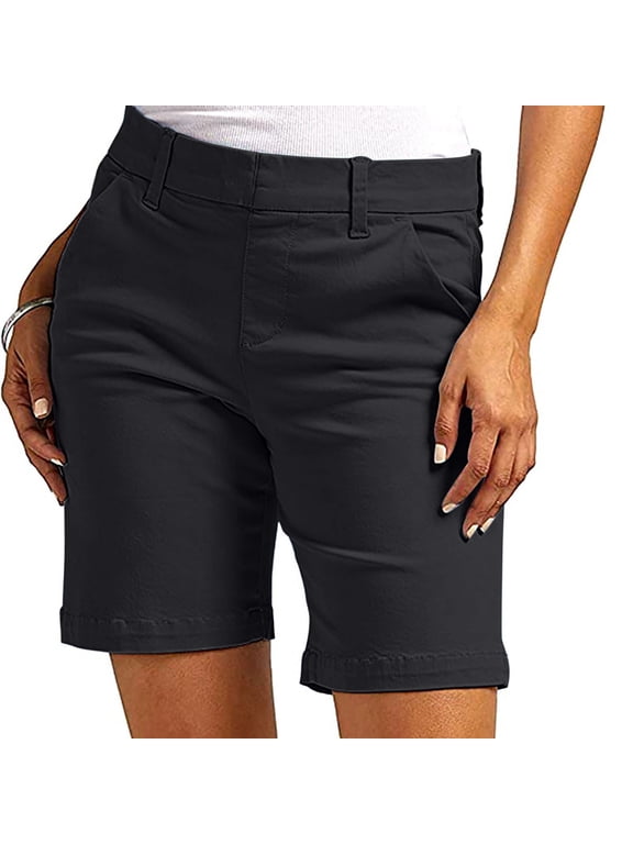 Womens Casual Shorts Summer Pull on High Waist Bermuda Shorts Flat Front Solid Pants for Womens