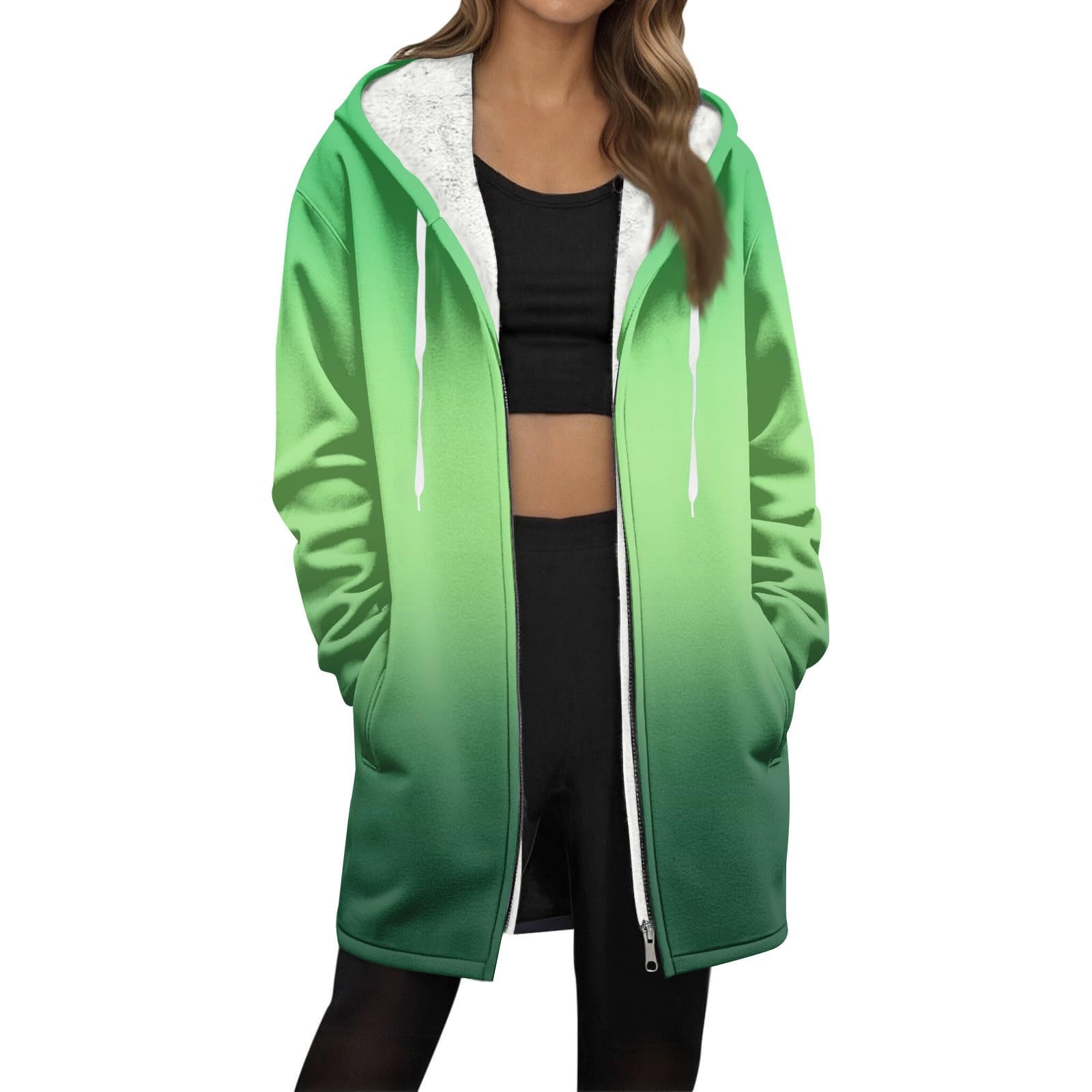 Dasayo Womens Coat Green Fleece Long Thermal Zip up Gradient Color ...