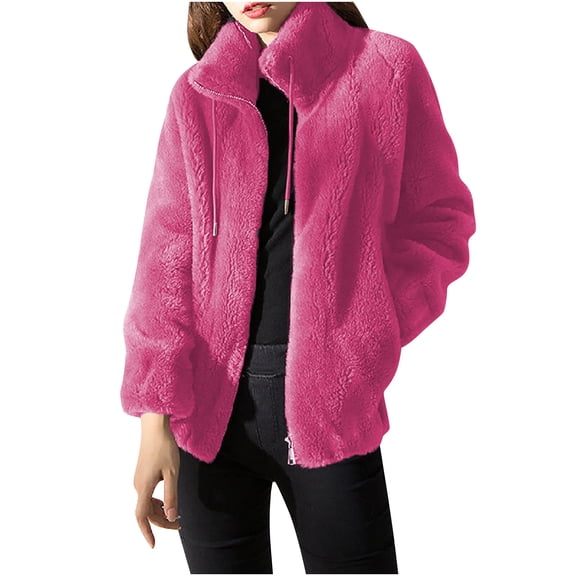 Dasayo Womens Coats Fleece Fuzzy Winter Hot Pink Drawstring Collared Loose Coats Womens Jackets Trendy M