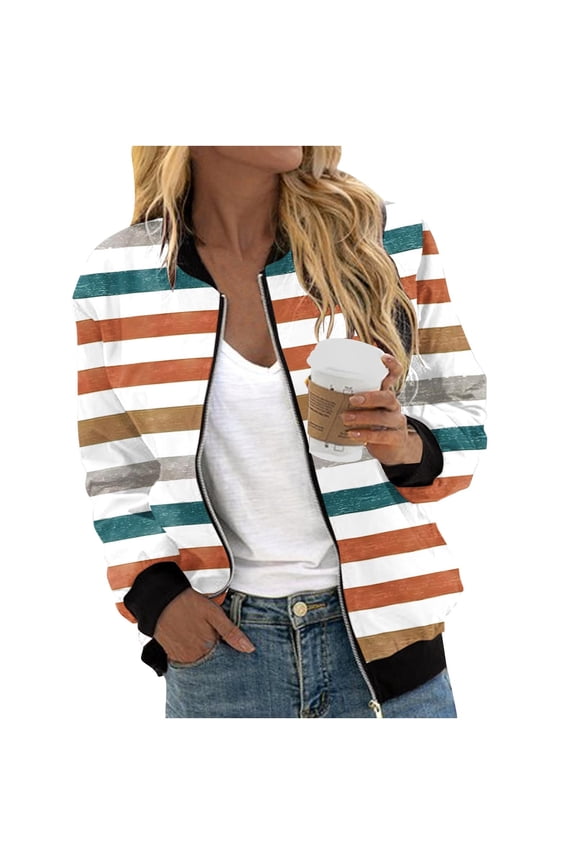 Womens Coats Full-Zip Barn Bomber Jackets Fashion Striped Long Sleeve Light Streetwear Womens Jackets Trendy XXL