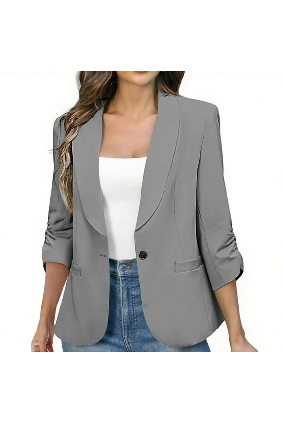 Womens Coats Workout Suit Gray Blazer Jacket Button 3/4 Sleeve Solid Slim Fit Streetwear Women Jacket XXL