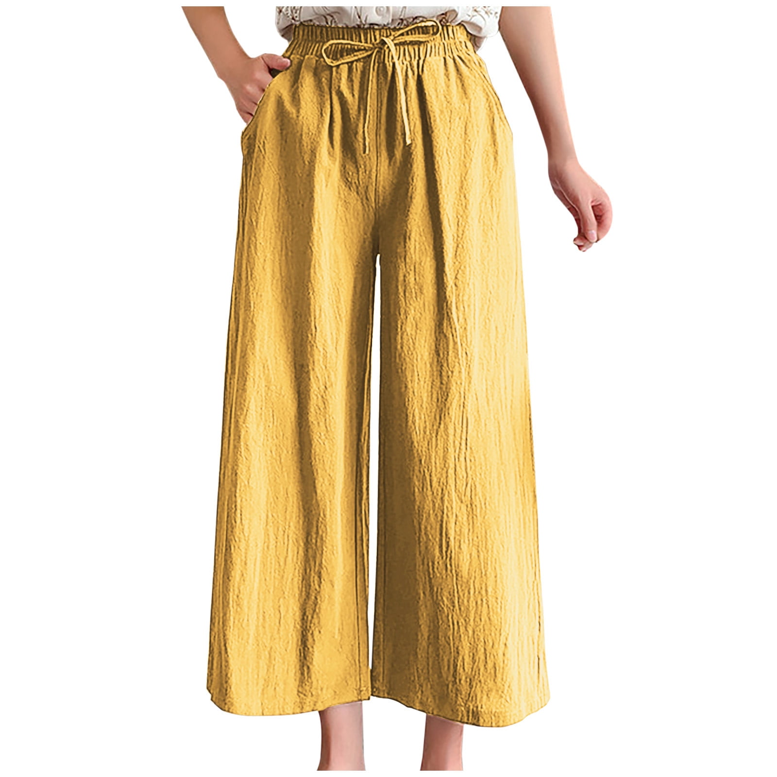 Dasayo Womens Cotton Linen Wide Leg Pants 2023 Solid Elastic Waist Trousers with Pockets Fashion