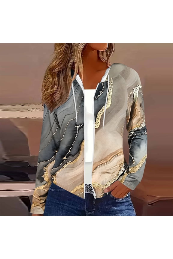 Womens Hoodie Full Zip up Long Sleeve Hooded Gold Graphic Prints Drawstring Jackets Women's Blouse L