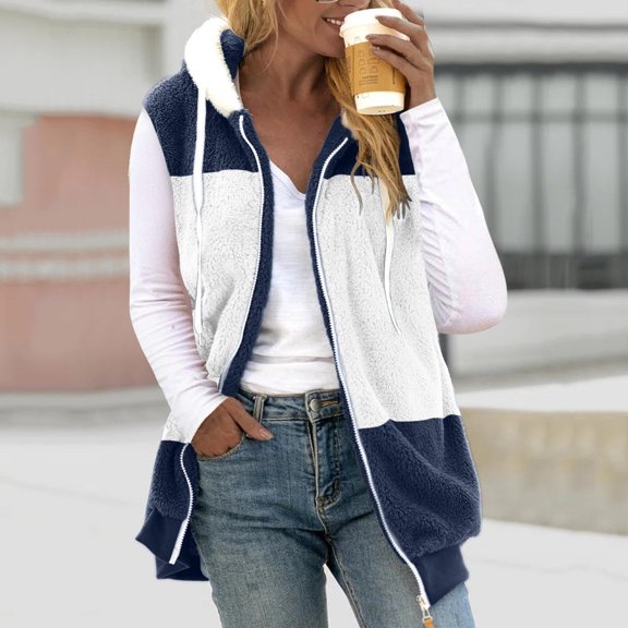 Dasayo Womens Hoodie Sweatshirts Full Zip up Sleeveless Fleece Blue Drawstring Colorblock Winter Jackets Ladies Tops M
