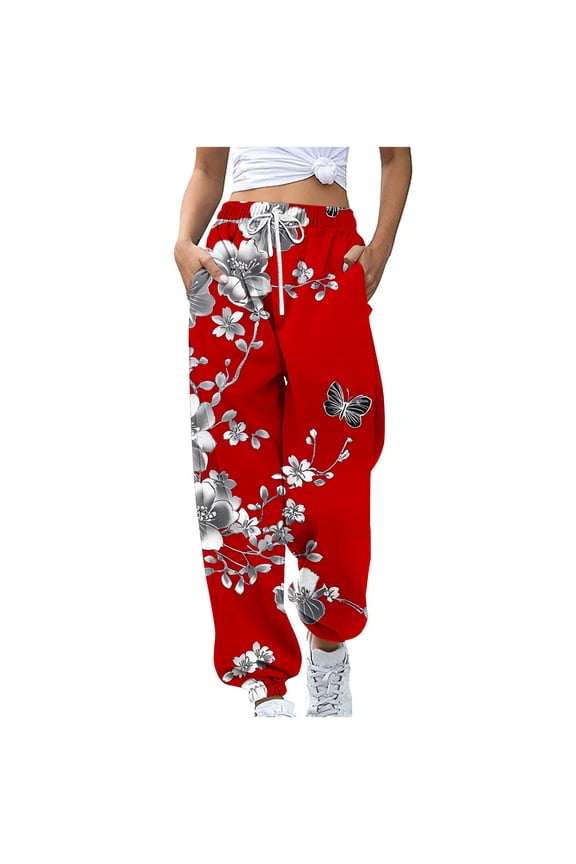 Womens Joggers Boho Taper Long Elastic Waist Sweatpants Floral Red Drawstring Loose Fit Athletic Pants Women S
