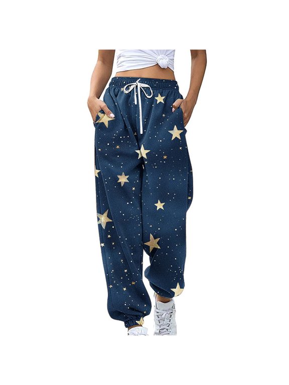 Womens Joggers Taper Long Elastic Waisted Outfits Drawstring Graphic Print Loose SweatPants for Women Trendy S