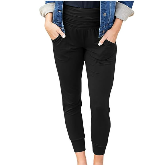 Dasayo Womens Joggers Taper Long High Waist Sweatpants Stretchy Solid Casual Black Outfits Pants for Women L