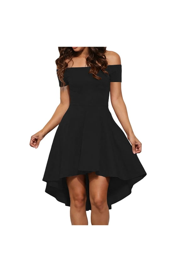 Womens Plus Size Dresses Black Graduation Short Sleeve Cocktail Dress High Low Off Shoulder Neck Solid Dresses XXL