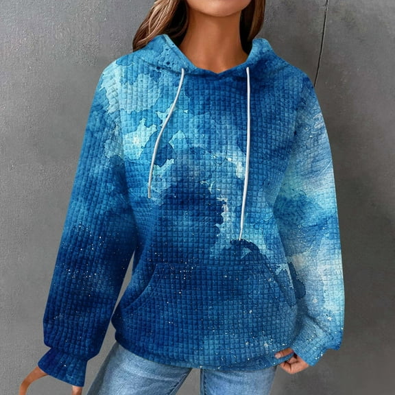 Dasayo Womens Sweatshirt Oversized Blue Waffle Knit Long Sleeve Drawstring Tie Dye Pocket Hoodies Women Blouse L