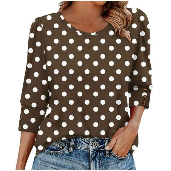 Dasayo Womens Tops 3/4 Sleeve Brown Summer Polka Dot Buttons Crewneck T-Shirt Women Sweatshirt M