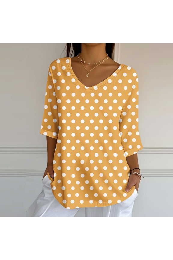 Womens Tops 3/4 Sleeve Loose Fit V-Neck Yellow Polka Dot Blouses Tshirts Shirts for Women M