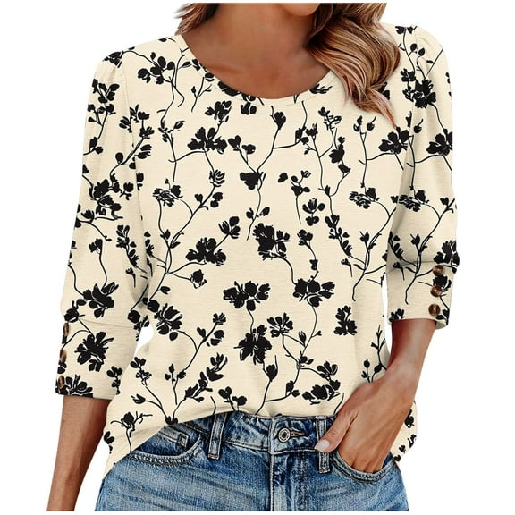 Dasayo Womens Tops 3/4 Sleeve Summer Yellow Crewneck Floral Buttons T-Shirt Women Sweatshirts Women M