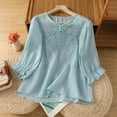 thumbnail image 1 of Dasayo Womens Tops Blue 3/4 Sleeve Leisure Ruffle Buttons Embroidered Blouses Womens Sweatshirt L, 1 of 9