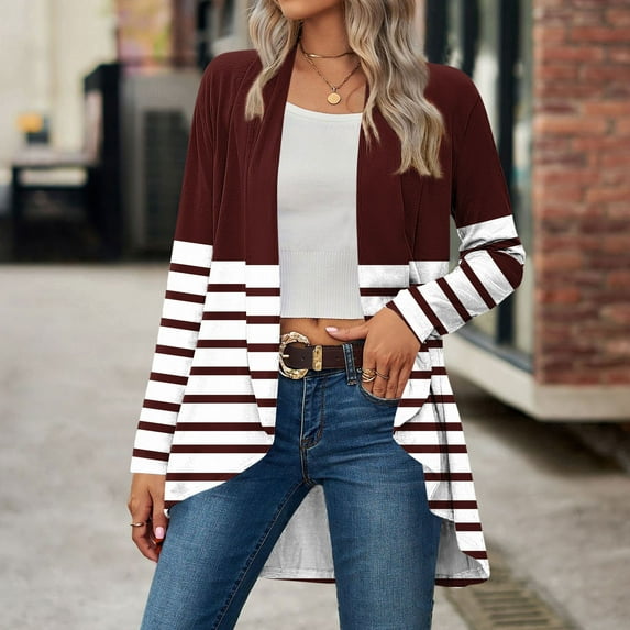 Dasayo Womens Tops Long Sleeve Red Open Front Fall Lightweight Striped Cardigans Blouses for Women M