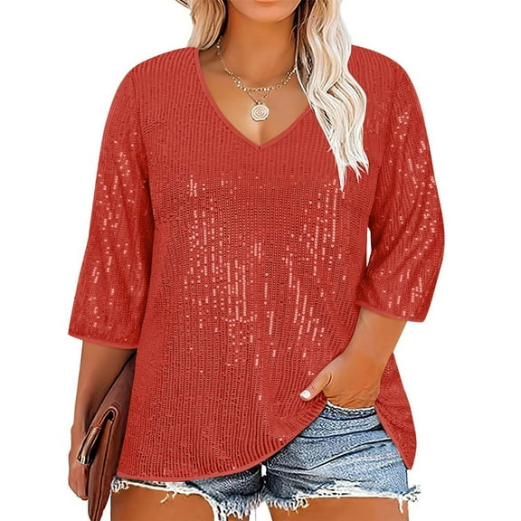 Dasayo Womens Tops Sequin 3/4 Sleeve Oversized Red V-Neck Solid Blouses Women's Sweatshirt L