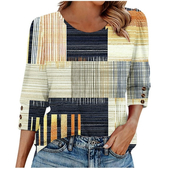 Dasayo Womens Tops Trendy 3/4 Sleeve Blue Summer Colorblock Buttons Crewneck T-Shirt Tees for Women L
