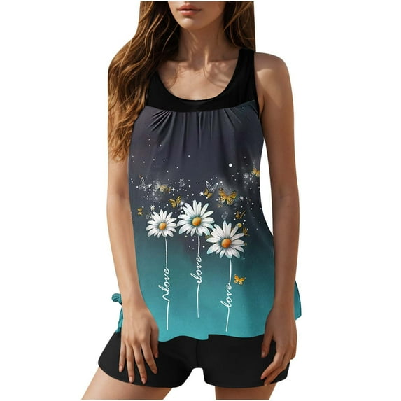 Dasayo Womens Two Piece Tankini Tummy Control Modest Summer Blue Ruched High Waisted Floral Tankinis for Women XL