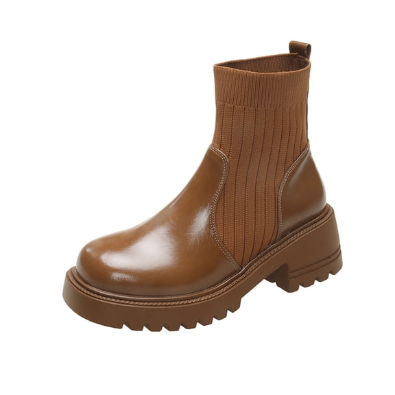 Dasayo Yellow Womans Boots Ankle Winter Chunky Stretch Low Heel Faux Leather Round Toe Shoes Ladies Shoes 37