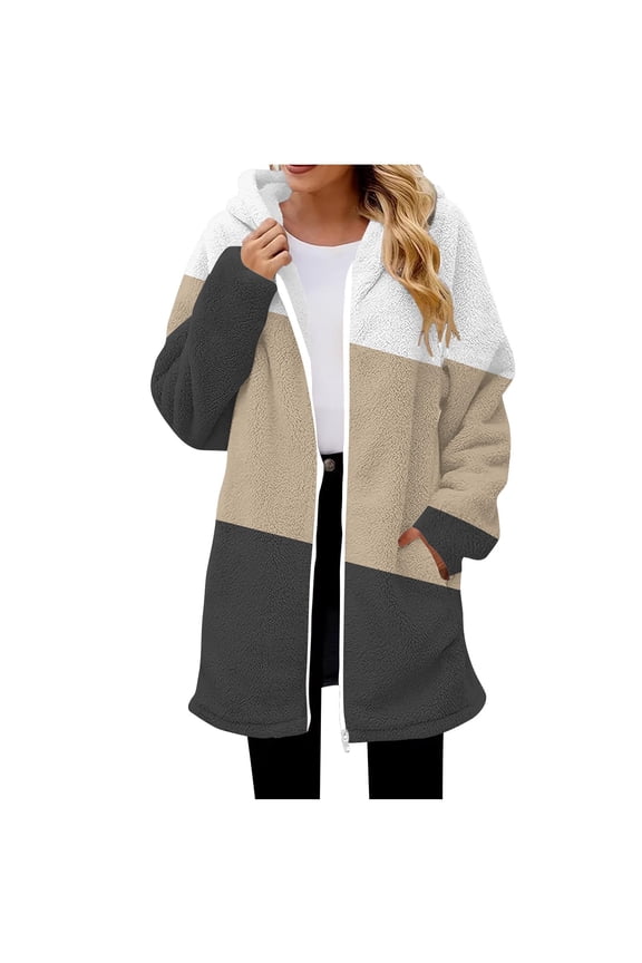 Zip Front Coat for Women Flannel Fleece Yellow Long Color Block Casual Hooded Hoodie Jackets for Women L