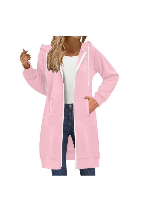 Zip Front Womens Coat Pullover Long Pink Hooded Drawstring Clothes Womens Shacket L