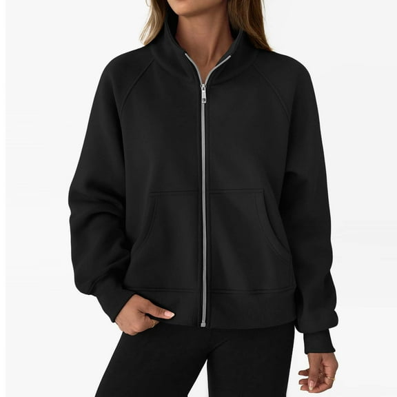 Dasayo Zip up Ladies Tops Long Sleeve Black Loose Solid Pocket Sweatshirts Shirts for Women Trendy L