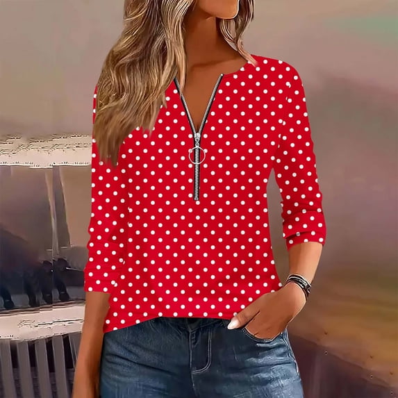 Dasayo Zip up Ladies Tops Loose Long Sleeve Red Lightweight Polka Dot Blouses Womens Sweatshirt L