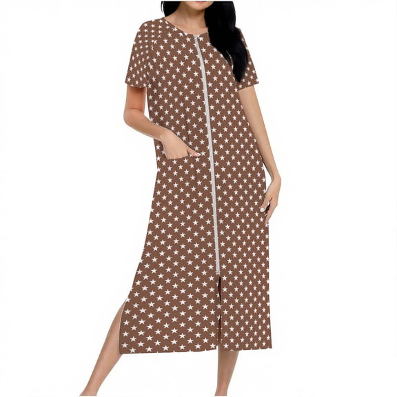 Dasayo Zip up Womens Nightgowns Hospital Loose Brown Nightgown Graphic Side Split Sleepwear Sleep Dress for Women S