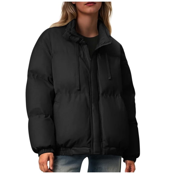 Dasayo Zipper Women Coat Quilted Puffed Black Winter Drawstring Elastic Hem Coats Jacket for Women L