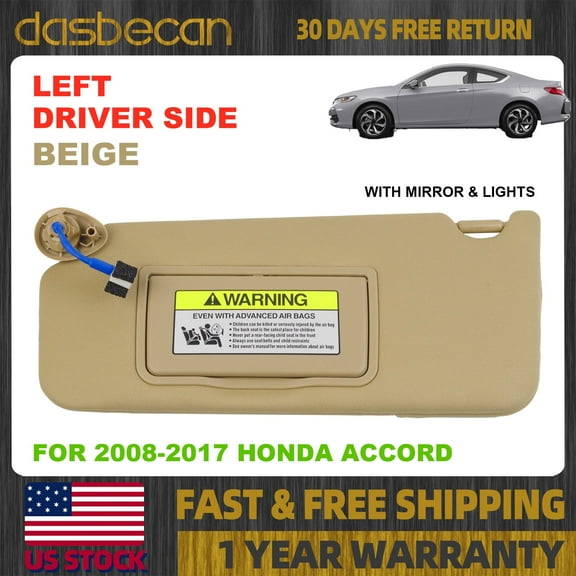 Dasbecan Beige Left Driver Side Sun Visor w/ Lights Mirror For Honda Accord 2008-2017 83280-TA5-A51ZA 83280TA5A51ZA