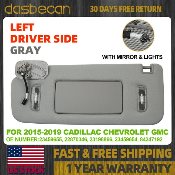 Dasbecan Gray Left Driver Side Sun Visor W/ Light For Cadillac Chevrolet GMC 2015-2019 23459655, 22870346, 23198866, 23459654, 84247192