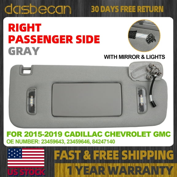 Dasbecan Gray Right Passenger Side Sun Visor W/ Light For Cadillac Chevrolet GMC 2015-2019 #23459643, 23459646, 84247140
