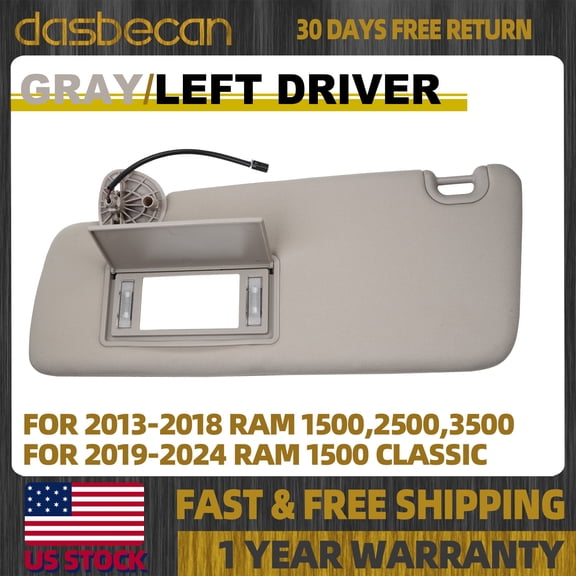 Dasbecan Left Driver Side Gray Sun Visor w/ light for Ram 1500 2500 3500 2013-2018 #1VF23BD1AA 1VF23BD1AC 1VF29BD1AA 05108114AA