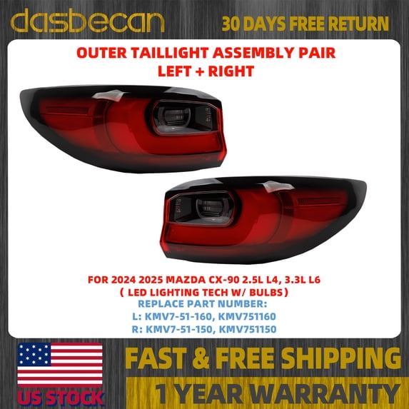 Dasbecan Pair Left & Right Outer Side LED Tail Light Assembly For MAZDA CX-90 2024-2025 # KMV7-51-160 KMV7-51160 KMV7-51-150 KMV7-51150