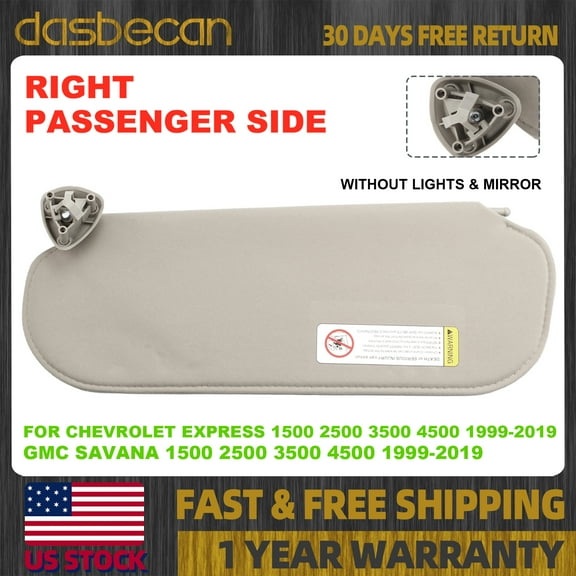 Dasbecan Right Side Sun Visor w/o Mirror Light For Chevrolet Express GMC Savana 1999-2019 #84054688, 84054695, 20883004, 25999923