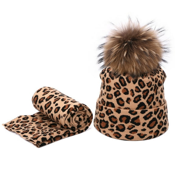 Dasbsug 2pcs Winter Women Pompon Beanie Hat Scarf Set Leopard Warm Faux Fur Pom Pom Caps