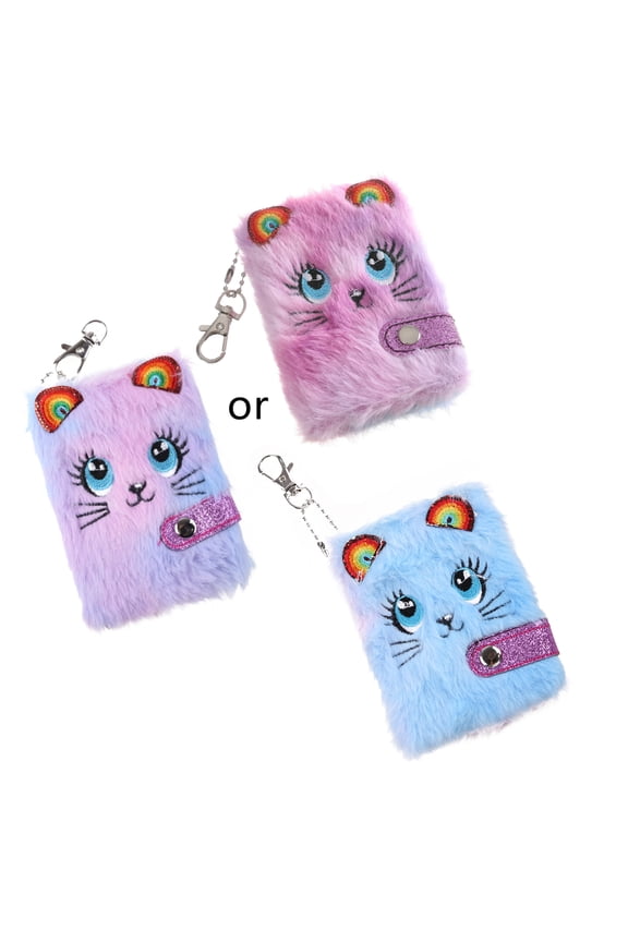 Cartoon Plush Pocket Notebook Blank Thicken Inner Paper with Keychain Mini Plush Cat Writing Drawing Pad Travel Journal