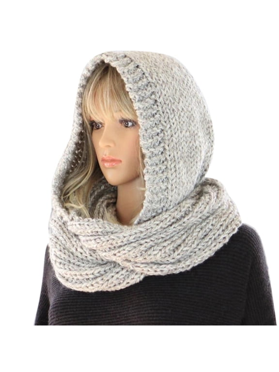 Pullover Knit Infinity Scarf Beanie Hoodie Wrap Solid Color Hat Cap for Women
