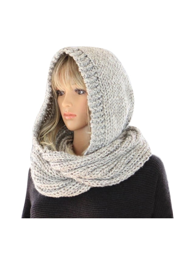 Pullover Knit Infinity Scarf Beanie Hoodie Wrap Solid Color Hat Cap for Women