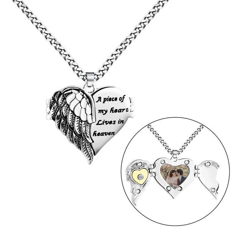 Dasbsug Women Personalized Heart Photo Angel Wings Locket Necklace Jewelry  Holds Picture 