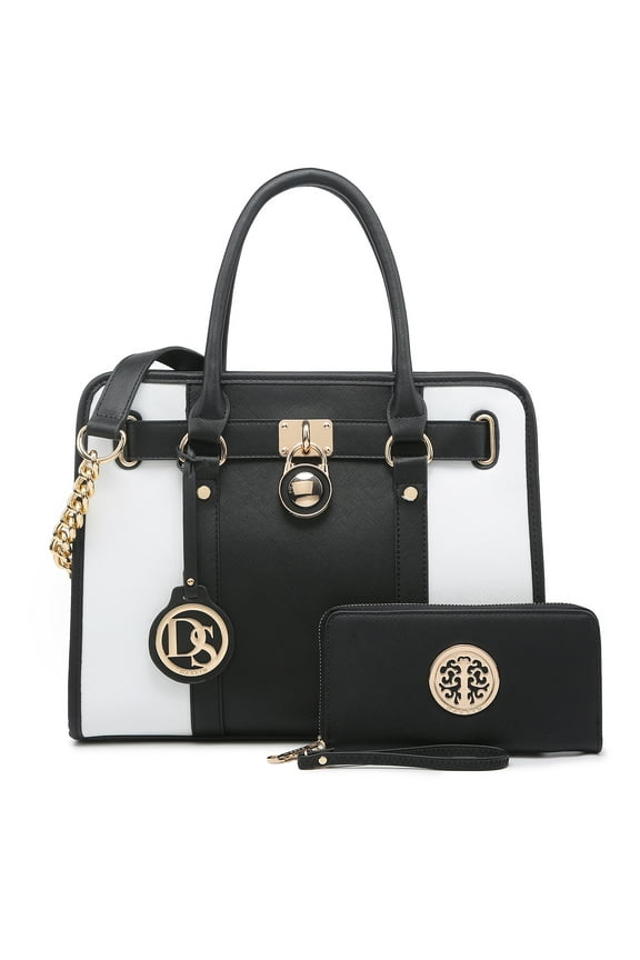 Women Handbags Purses Two Tone Satchel Bags Top Handle Shoulder Bags Work Tote with Matching Wallet