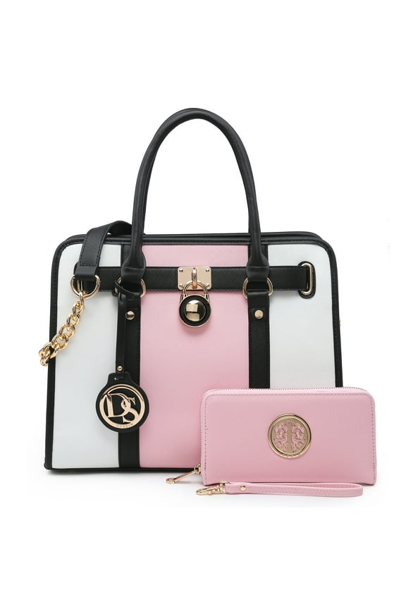 Women Handbags Purses Two Tone Satchel Bags Top Handle Shoulder Bags Work Tote with Matching Wallet