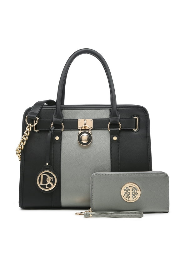 Women Handbags Purses Two Tone Satchel Bags Top Handle Shoulder Bags Work Tote with Matching Wallet