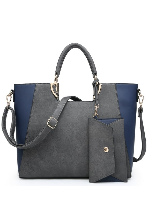Women Two Tone Handbag Purse Top Handle Shoulder Bag Tote Hobo Work Bag w/Matching Clutch