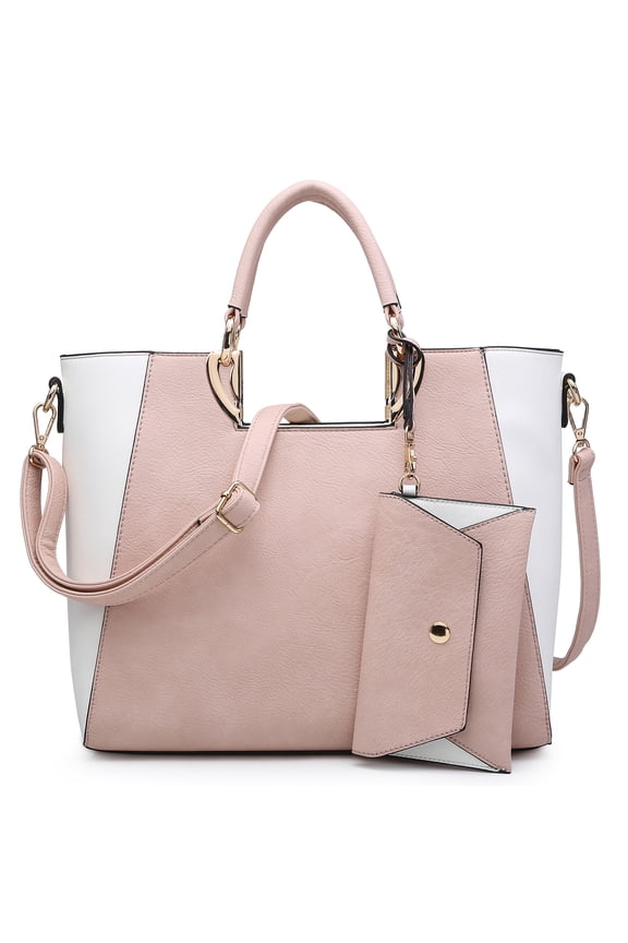 Women Two Tone Handbag Purse Top Handle Shoulder Bag Tote Hobo Work Bag w/Matching Clutch