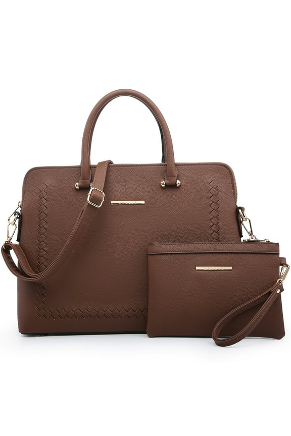 Women's Vegan Leather Structured Briefcase Handbag with Wristlet, Black, 2-Piece