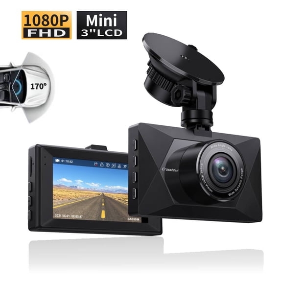 Dash Cam 1080P Crosstour, DVR Car Driving Recorder, 3 inch LCD Screen, 170 Wide Angle Mini Camera for Cars, Parking Monitor
